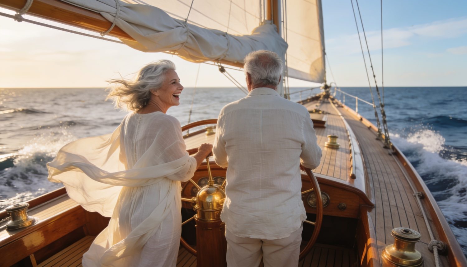Silberhaariges Paar an Bord einer klassischen Segelyacht in der goldenen Stunde
